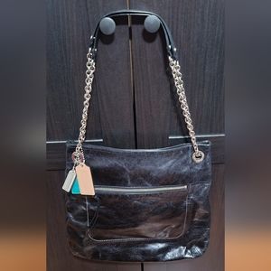 Black coach tote purse with silver chain straps